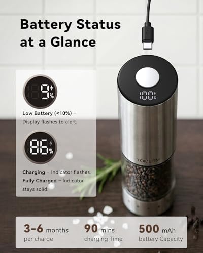 TOMEEM Rechargeable Electric Salt and Pepper Grinder Set, Battery Display - Image 4
