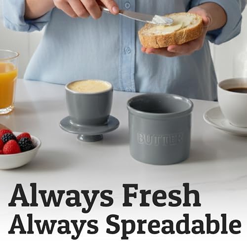 Priority Chef Butter Crock with Lid for Countertop with Spreader Knife and Water Line, Soft Spreadable Butter, Ceramic French Butter Dish with Lid, Light Grey - Image 4