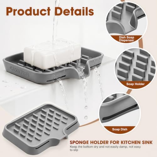 CAKETIME 2 Pack Silicone Soap Dish with Drainage Holes for Bathroom Shower Caddy Kitchen Counter Bar Sponge Holder Drying Rack Sink Organizer Apartment Home Household Necessities Light Gray - Image 2