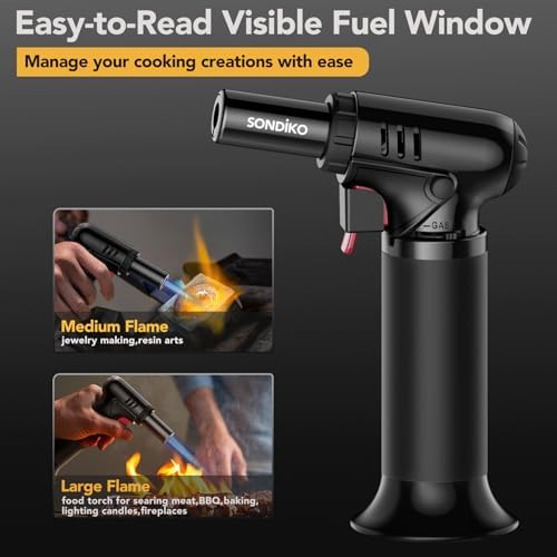 Sondiko Butane Torch, Refillable Soldering Torch with Visible Fuel Window | Kitchen Torch with Safety Lock & Continuous Flame Function for Caramel Pudding, Welding, Resin Art, Industrial Use (2 Pack) - Image 2