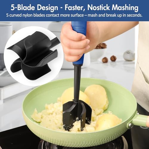 Ourokhome Meat Chopper and Potato Masher, Heat Resistant Nylon Ground Beef Smasher for Hamburger, 5 Curved Blades Nonstick Safe Mixer & Stirrer, Practical Kitchen Gadgets, Navy. - Image 4