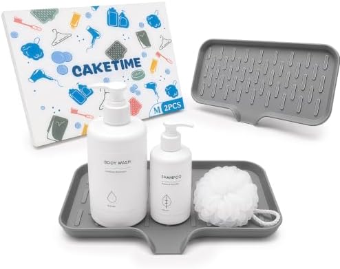 CAKETIME 2 Pack Silicone Soap Dish with Drain Spout for Bathroom Shower Caddy Kitchen Counter Bar Sponge Holder Drying Rack Sink Organizer Apartment Home Household Necessities Light Gray Medium by CAKETIME