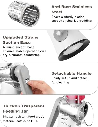 Geedel Rotary Cheese Grater Vegetable Shredder With 6 Interchangeable Blades No Slip Suction Base, Mandoline Slicer & Food Chopper for Cheese, Ice, Nuts, Vegetables, Veggie - Image 6