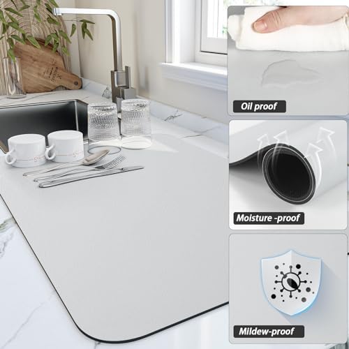 HotLive Dish Drying Mat for Kitchen Counter, Heat Resistant Drainer Mats with Non-slip Rubber Backed, Hide Stain Kitchen Super Absorbent Draining Mat, Easy to Clean Dish Rack Pad, Light Grey 16"x20" - Image 3