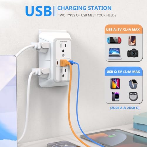 JcBlaon Outlet Extender Surge Protector - 6 Outlet Splitter with 4 USB Ports (2 USB C), Multiple Plug Expander Wall Charger, 3 Sided Multi Plug Wall Adapter Power Strip for Home Office Kitchen Travel - Image 3