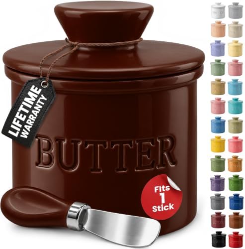 Priority Chef Butter Crock with Lid for Countertop with Spreader Knife and Water Line, Soft Spreadable Butter, Ceramic French Butter Dish with Lid, Chocolate Brown by PriorityChef