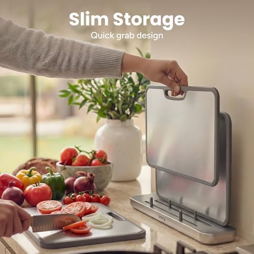 SMIRLY Titanium Cutting Board for Kitchen, with Holder, 3 Pack, Silver - Image 5