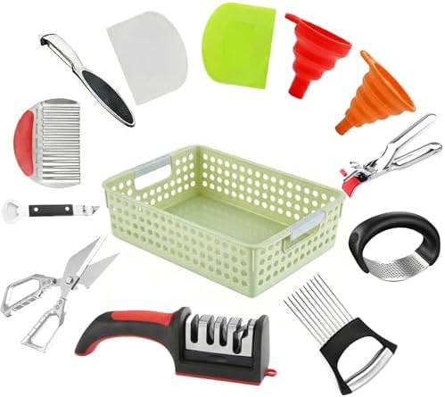 13-Piece Kitchen Gadget Set (Includes Storage Basket) — Features Kitchen Shears, Garlic Press, Knife Sharpener, Julienne Peeler, Standard Peeler, Anti-Scald Tongs (13 PCS-B) by Unknown