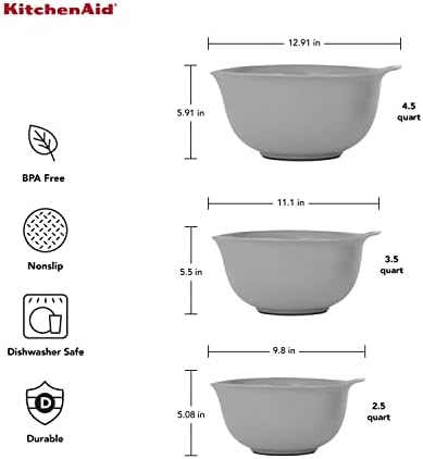 KitchenAid Universal Nesting Plastic Mixing Bowls, Set Of 3, 2.5 quart, 3.5 quart, 4.5 quart, Non Slip Base with Easy Pour Spout to Reduce Mess, Dishwasher Safe, Gray - Image 3