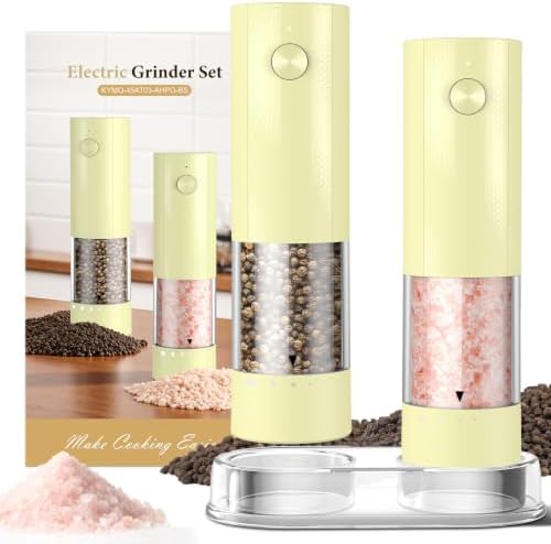 Electric Salt and Pepper Grinder Set - Rechargeable Automatic Salt and Pepper Shakers, Kitchen Appliances with External Adjustable Coarseness, Larger Hopper for Cooking, Home Gifts(2 Pack,Yellow) by Unknown