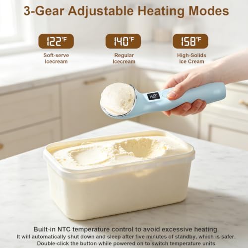 Rechargeable Heated Ice Cream Scoop, 3 Heat Levels, Nonstick Electric Scooper for Hard Ice Cream, Gelato & Sorbet, Ergonomic Solution for Seniors, Kids & Weak Wrists (Blue) - Image 4
