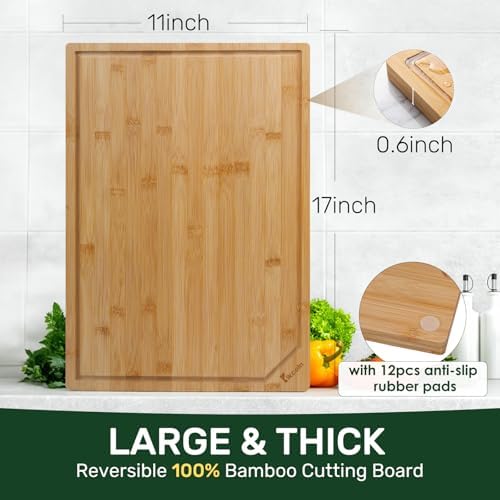 Kikcoin 17"×11" Bamboo Cutting Boards for Kitchen, Knife-Friendly Food Grade Wooden Cutting Boards for Kitchen, Charcuterie, Extra Large Chopping Boards with Deep Juice Groove, Reversible, Natural - Image 3