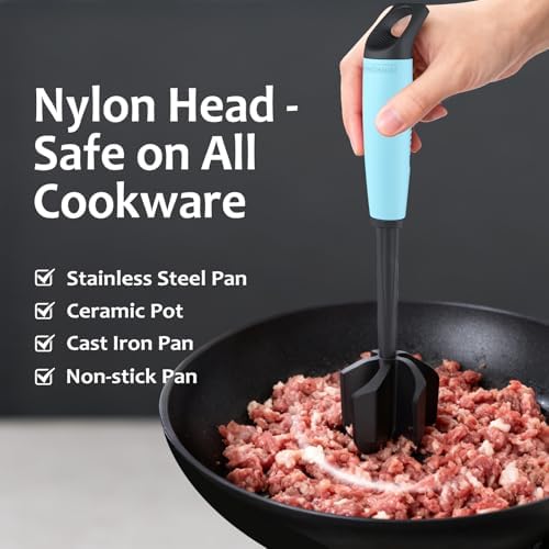 Ourokhome Meat Chopper and Potato Masher, Heat Resistant Nylon Ground Beef Smasher for Hamburger, 5 Curved Blades Nonstick Safe Mixer & Stirrer Practical Kitchen Gadgets, Teal - Image 2
