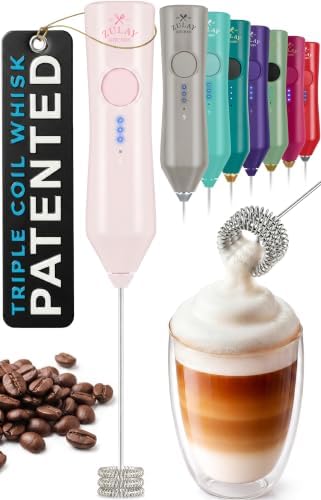 Zulay Kitchen Rechargeable Milk Frother Handheld - Frother Wand, Drink Mixer, Electric Whisk Frother, for Cappuccinos, Matcha & Protein Powder - Dynamic Triple Whisk, 3 Speed 500mAh Cotton Candy Pink by ZulayKitchen