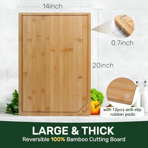 Kikcoin 20”×14” Bamboo Cutting Boards for Kitchen, Wooden Healthy Cutting Boards for Charcuterie, Vegetables, Cheese, Bread, Extra Large Chopping Boards with Deep Juice Groove and Handle, Natural - Image 3