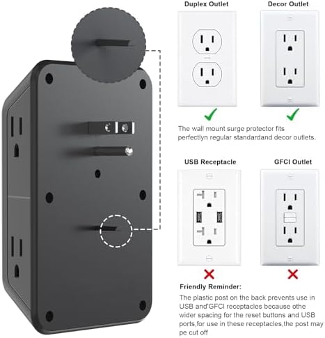 JcBlaon Outlet Extender Surge Protector - 6 Outlet Splitter with 4 USB Ports (2 USB C), Multiple Plug Expander Wall Charger, 3 Sided Multi Plug Wall Adapter Power Strip for Home Office Travel-ETL - Image 5