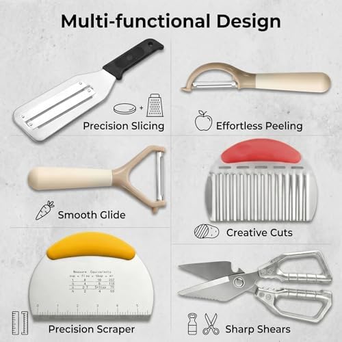 6-Piece Kitchen Utensil Set - Includes Cabbage Shredder, Crinkle Cutter, Dough Scraper, 2 Peelers, and Stainless Steel Kitchen Shears - Ideal Food Prep & Baking Tools (6 PCS-B) - Image 2