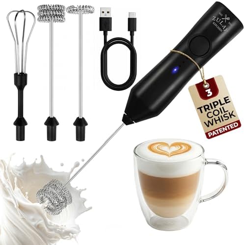 Zulay Kitchen Rechargeable Milk Frother Handheld - Frother Wand, Drink Mixer, Electric Whisk Frother, for Cappuccinos, Matcha & Protein Powder - Dynamic 3 Whisk, 3 Speed 500mAh Black by ZulayKitchen