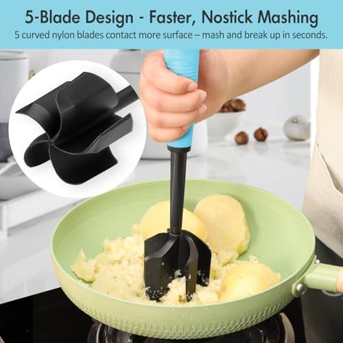Ourokhome Meat Chopper and Potato Masher, Heat Resistant Nylon Ground Beef Smasher for Hamburger, 5 Curved Blades Nonstick Safe Mixer & Stirrer Practical Kitchen Gadgets, Teal - Image 4