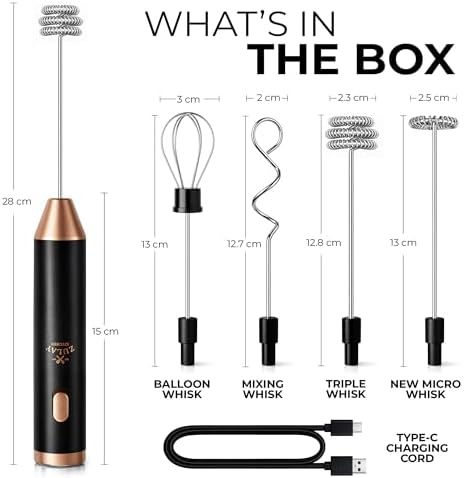 Zulay Kitchen Rechargeable Milk Frother Handheld - Frother Wand, Drink Mixer, Electric Whisk Frother, for Cappuccinos, Matcha & Protein Powder - Ultra Metal 4 Whisk, 1800mAh Black Copper - Image 7