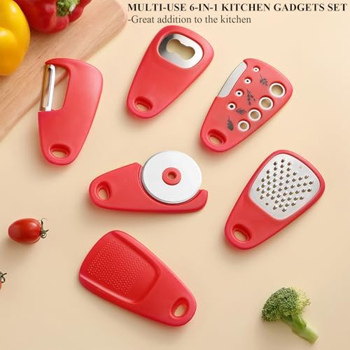 Kitchen Gadgets Set 6 Pieces, Space Saving Cooking Tools Kitchen Accessories-Garlic Grinder, Cheese Grater, Vegetable Peeler, Pizza Cutter, Herb Stripper, Bottle Opener, Gadgets Gift Set (Red) - Image 2