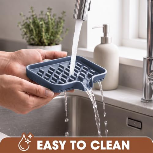 CAKETIME 2 Pack Silicone Soap Dish with Drainage Holes for Bathroom Shower Caddy Kitchen Counter Sponge Holder Bar Sink Organizer Tray Container Drying Accessories Small Case Saver Box Stuff Blue - Image 4
