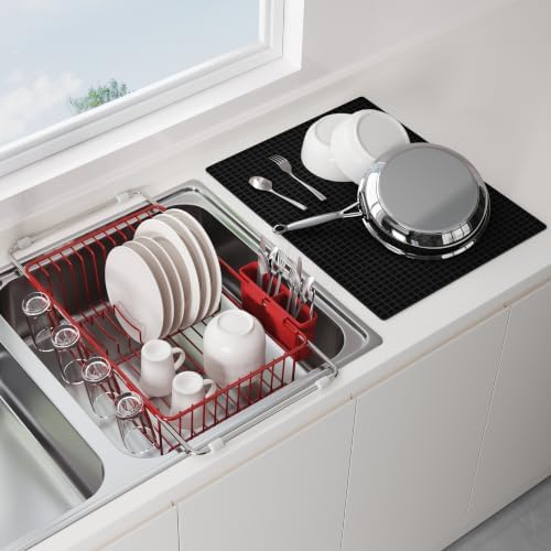 JASIWAY Red Dish Drying Rack in Sink with Mat, Cups and Utensil Holder by JASIWAY