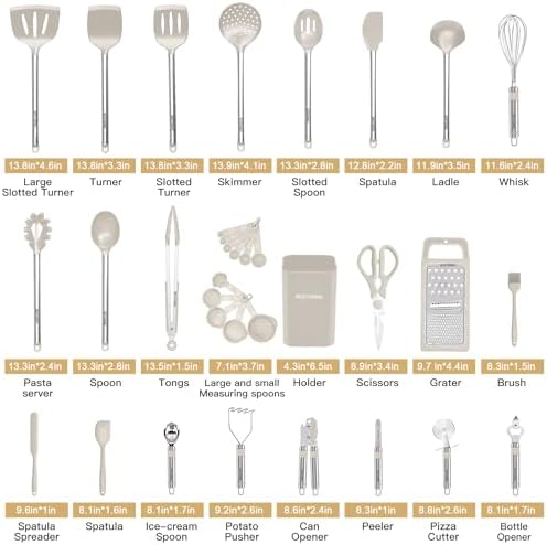 Kitchen Utensil Set-Silicone Cooking Utensils-33 Kitchen Gadgets & Spoons for Nonstick Cookware-Silicone and Stainless Steel Spatula Set-Best Kitchen Tools, Useful Pots (Khaki) - Image 2