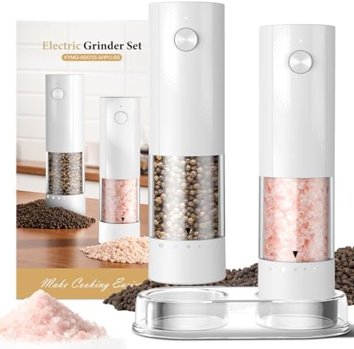 Electric Salt and Pepper Grinder Set - Rechargeable Automatic Salt and Pepper Shakers, Kitchen Appliances with External Adjustable Coarseness, Larger Hopper for Cooking, Home Gifts(2 Pack,White/White) by Unknown