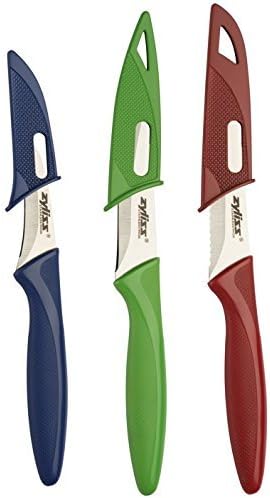 Three knives with blue, green, and red handles on a white background
