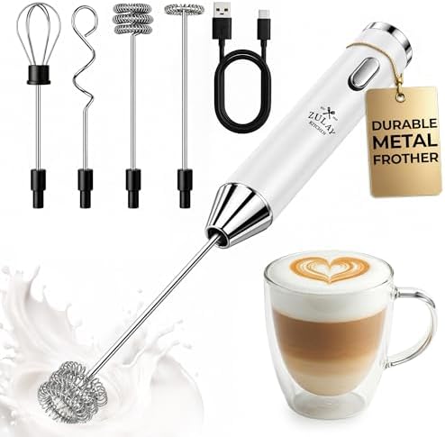 Zulay Kitchen Rechargeable Milk Frother Handheld - Frother Wand, Drink Mixer, Electric Whisk Frother, for Cappuccinos, Matcha & Protein Powder - Ultra Metal 4 Whisk, 1800mAh White by ZulayKitchen