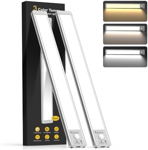 14.7inch Under Cabinet Lighting with 3 Color Temps, 2 Pack Rechargeable Motion Sensor Light Indoor, 5 Levels Dimmable Magnetic Closet Lights, Wireless Under Counter Lights for Kitchen, Stairs by MCGOR