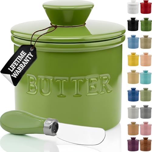 Priority Chef Butter Crock with Lid for Countertop with Spreader Knife and Water Line, Soft Spreadable Butter, Ceramic French Butter Dish with Lid, Green by PriorityChef