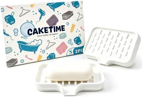 CAKETIME 2 Pack Silicone Soap Dish with Drainage Holes for Bathroom Shower Caddy Kitchen Counter Sponge Holder Saver Tray Sink Accessories Jabonera Storage Solution Funny Gifts for Women White by CAKETIME
