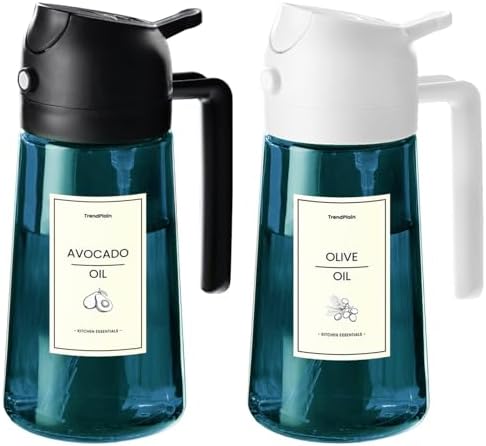 TrendPlain 16oz/470ml Blue Glass Olive Oil Sprayer for Cooking - 2 in 1 Olive Oil Dispenser for Kitchen Gadgets, Air Fryer, Salad, and BBQ - Black & White by TrendPlain