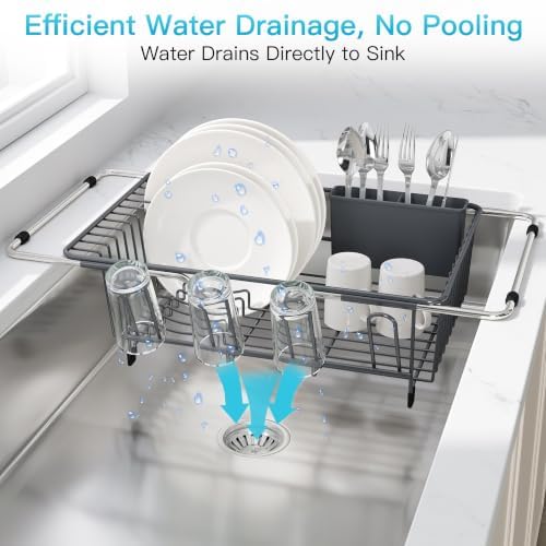 JASIWAY Gray Dish Drying Rack in Sink, Dish Drainer with Utensil Holder - Image 6