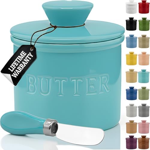 Priority Chef Butter Crock with Lid for Countertop with Spreader Knife and Water Line, Soft Spreadable Butter, Ceramic French Butter Dish with Lid, Cool Green by PriorityChef