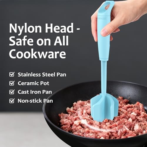 Ourokhome Meat Chopper and Potato Masher, Heat Resistant Nylon Ground Beef Smasher for Hamburger, 5 Curved Blades Nonstick Safe Mixer & Stirrer, Practical Kitchen Gadgets, Mint - Image 2