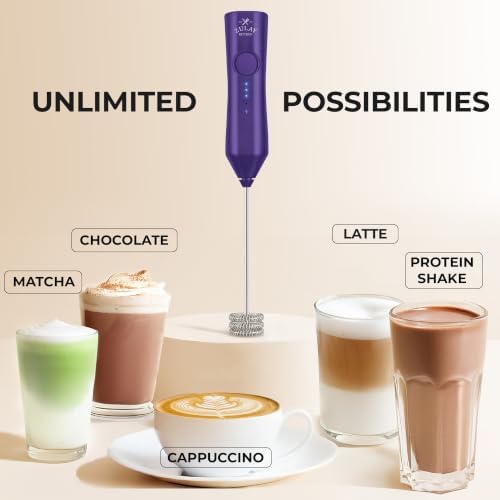 Zulay Kitchen Rechargeable Milk Frother Handheld - Frother Wand, Drink Mixer, Electric Whisk Frother, for Cappuccinos, Matcha & Protein Powder - Dynamic Triple Whisk, 3 Speed 500mAh Purple - Image 6