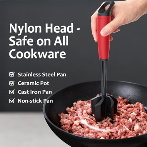 Ourokhome Meat Chopper and Potato Masher, Heat Resistant Nylon Ground Beef Smasher for Hamburger, 5 Curved Blades Nonstick Safe Mixer & Stirrer, Practical Kitchen Gadgets, Black Red - Image 2
