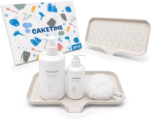 CAKETIME 2 Pack Silicone Soap Dish with Drain Spout for Bathroom Shower Caddy Kitchen Counter in-Sink Sponge Holder Dispenser Countertop Accessories Home Practical Daily Household Stuff Beige Medium by CAKETIME