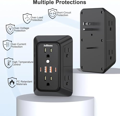 JcBlaon 3 Pack Outlet Extender Surge Protector, 6 Outlet Splitter with 4 USB Ports (2 USB C),1050J 3-Sided Multi Plug Wall Outlet, USB Wall Charger for Home Office Kitchen Travel（Black）-ETL - Image 6