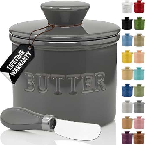 Priority Chef Butter Crock with Lid for Countertop with Spreader Knife and Water Line, Soft Spreadable Butter, Ceramic French Butter Dish with Lid, Grey by PriorityChef