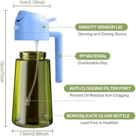 YARRAMATE 16oz/470ml Dark Green Oil Sprayer for Cooking with Stickers, Food-grade Premium 2 in 1 Olive Oil Dispenser Bottle for Kitchen Gadgets, Air Fryer, Salad, Frying, BBQ (SkyBlue) - Image 2