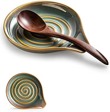 Spoon Rest for Stove Top, Countertop Spoon Holder with Handle for Easy Hold, Farmhouse Decor, Utensil Rest for Spoons, Ladles, Tongs, Spatula, Blue and Green by Cormomu