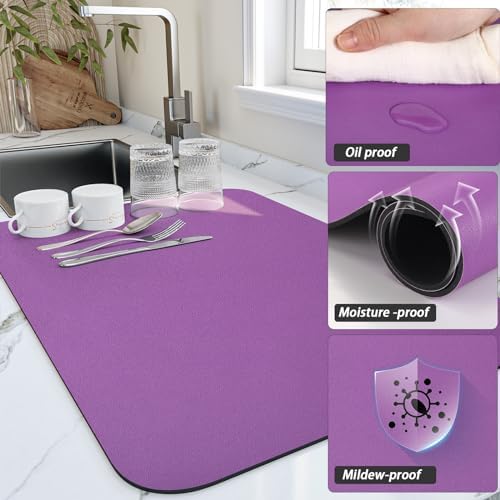 HotLive Dish Drying Mat for Kitchen Counter, Heat Resistant Drainer Mats with Non-slip Rubber Backed, Hide Stain Kitchen Super Absorbent Draining Mat, Easy to Clean Dish Rack Pad, Purple 16"x18" - Image 3