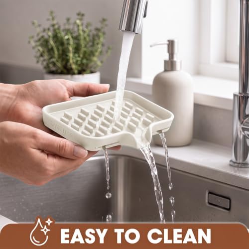 CAKETIME 2 Pack Silicone Soap Dish with Drainage Holes for Bathroom Shower Caddy Kitchen Counter in-Sink Sponge Holder Dispenser Countertop Accessories Home Practical Daily Household Stuff Beige - Image 4