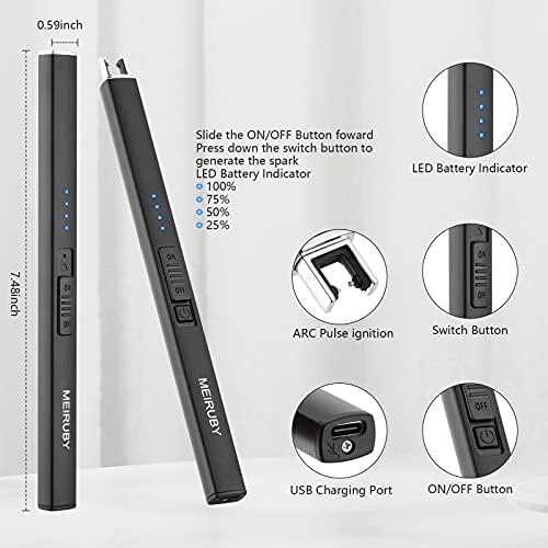MEIRUBY Lighter Electric Candle Lighter Long Electronic Rechargeable USB Arc Windproof Flameless Lighters for Candle Camping BBQ Birthday Women's Day Gifts for Women Mom Wife Men, Balck - Image 2