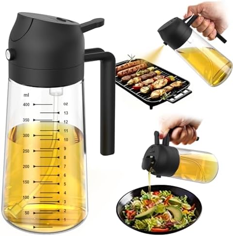 TrendPlain 16oz/470ml Glass Olive Oil Sprayer for Cooking – 2 in 1 Olive Oil Dispenser Bottle for Kitchen Gadgets and Air Fryer Accessories, Salad, BBQ - Black by TrendPlain