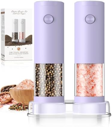 Salt and Pepper Grinder Set Gifts for Women Automatic Battery Purple Pepper Mill Shakers Kitchen Accessories Cooking for Mom, Adjustable Coarseness Salt Pepper Shakers White Elephant Gift by ioion